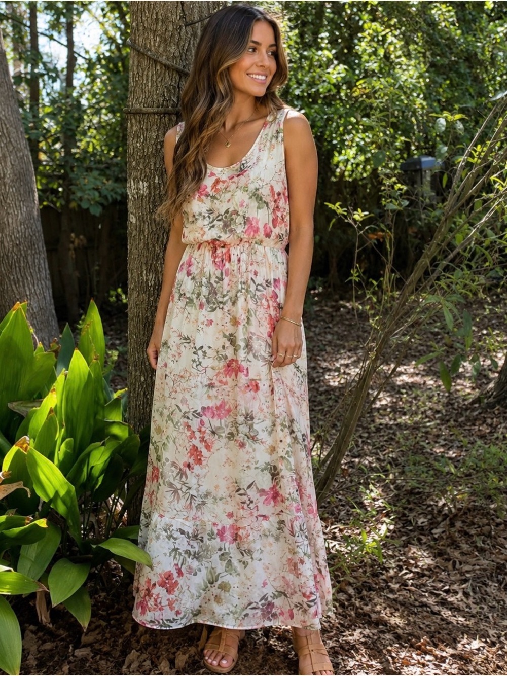 LARA White Maxi Dress with Pink & Green Floral Print, Italian Silk Blend, size M